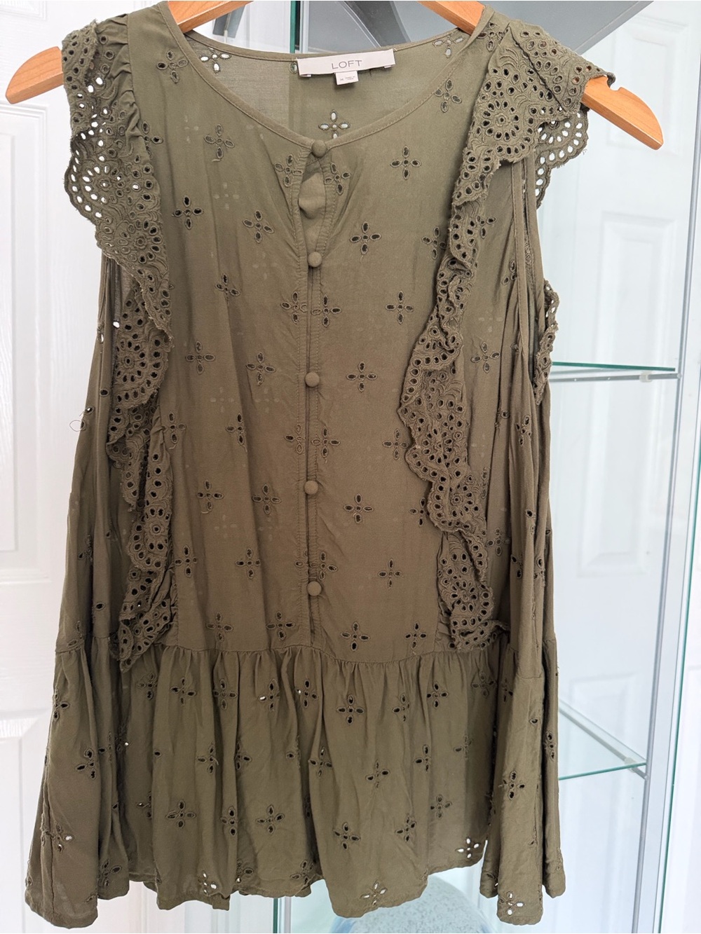 LOFT Olive Eyelet Ruffle Button-Front Tunic